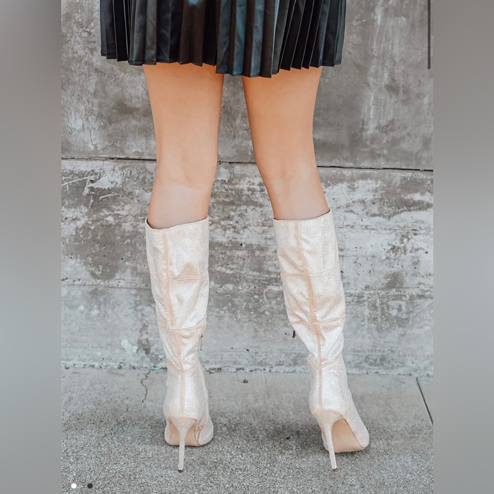Lulu’s Kandee Light Nude Rhinestone Pointed-Toe Knee High Boots